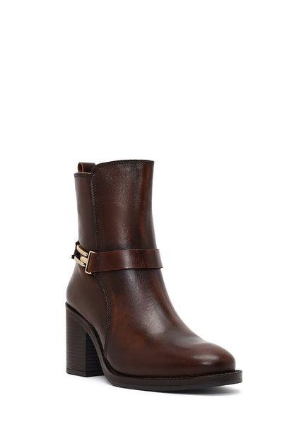Kadın Kahverengi Tokalı Kalın Topuklu Deri Bot