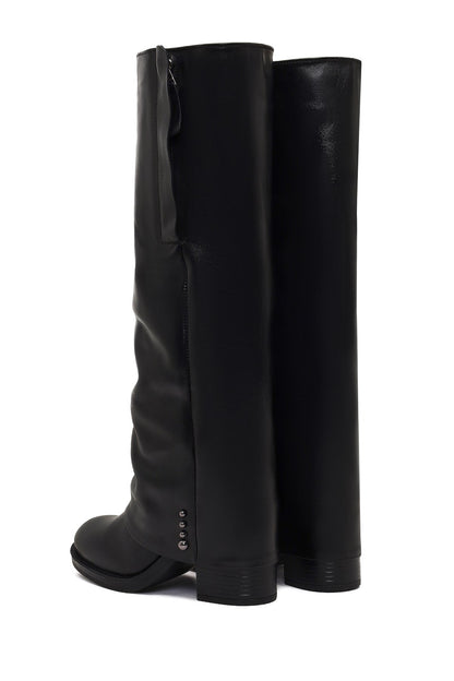 Kadın Siyah Kalın Topuklu Deri Çizme
