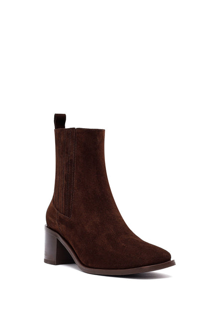 Kadın Kahverengi Kalın Topuklu Süet Deri Chelsea Bot