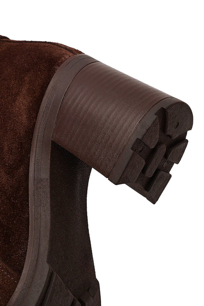 Kadın Kahverengi Fermuarlı Kalın Topuklu Süet Deri Bot