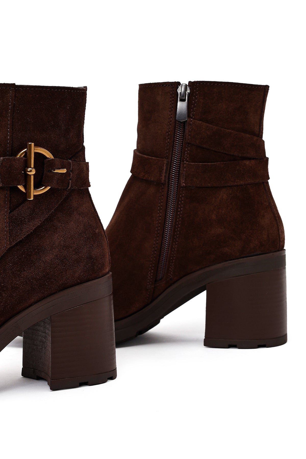 Kadın Kahverengi Fermuarlı Kalın Topuklu Süet Deri Bot