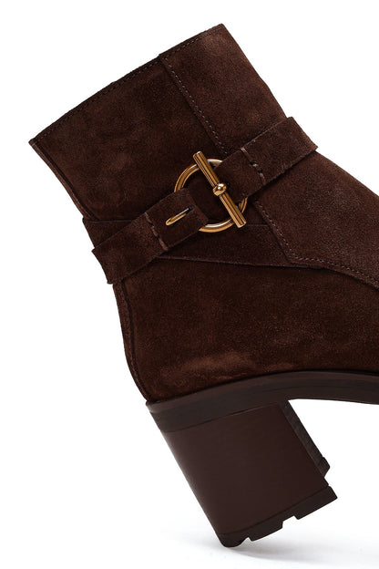 Kadın Kahverengi Fermuarlı Kalın Topuklu Süet Deri Bot