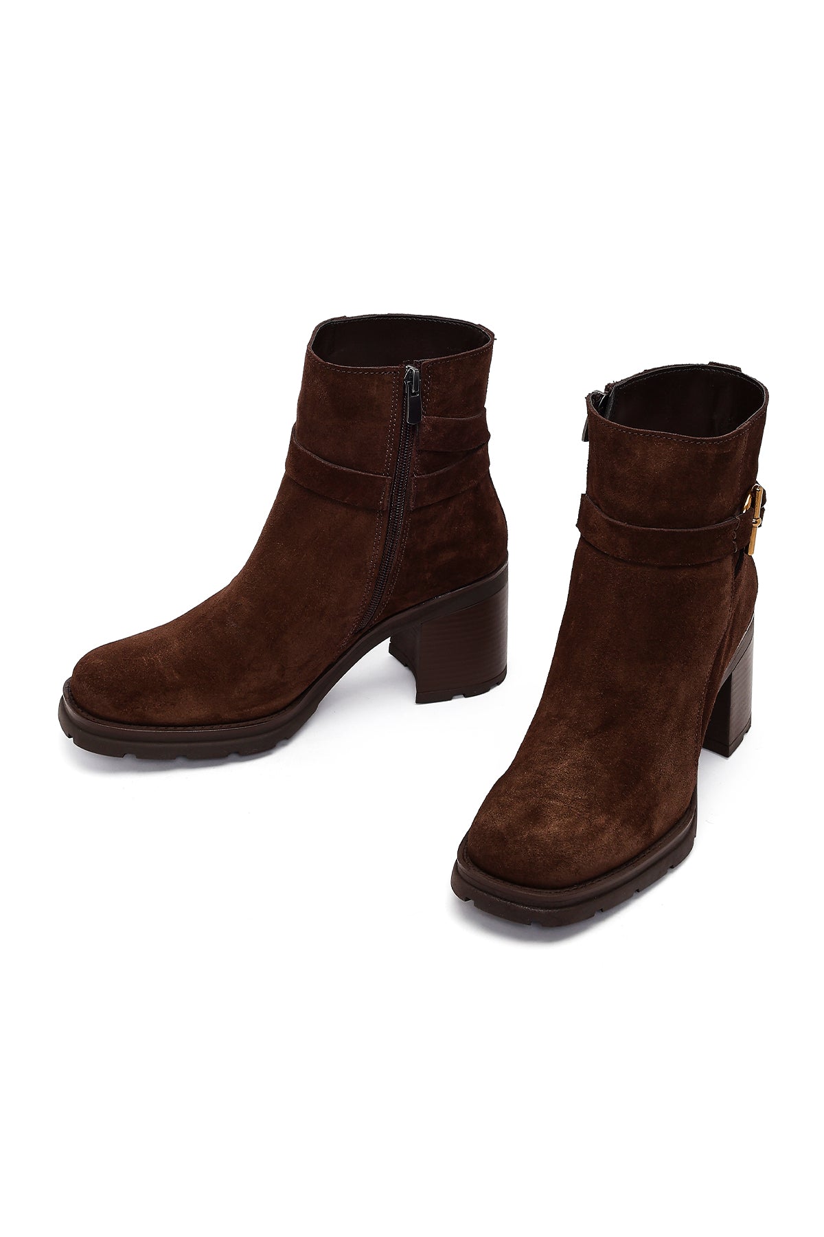 Kadın Kahverengi Fermuarlı Kalın Topuklu Süet Deri Bot