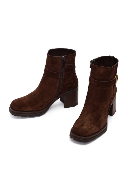 Kadın Kahverengi Fermuarlı Kalın Topuklu Süet Deri Bot