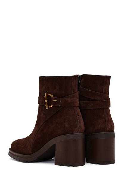 Kadın Kahverengi Fermuarlı Kalın Topuklu Süet Deri Bot
