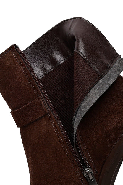 Kadın Kahverengi Fermuarlı Kalın Topuklu Süet Deri Bot