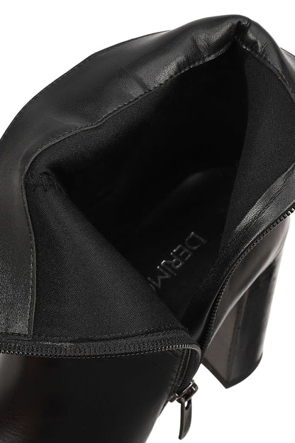 Kadın Siyah Fermuarlı Kalın Topuklu Deri Bot