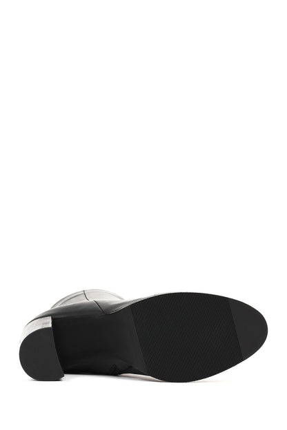 Kadın Siyah Fermuarlı Kalın Topuklu Deri Bot