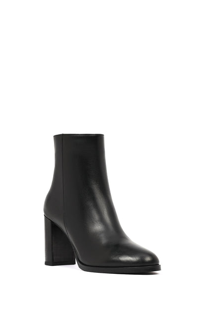 Kadın Siyah Fermuarlı Kalın Topuklu Deri Bot