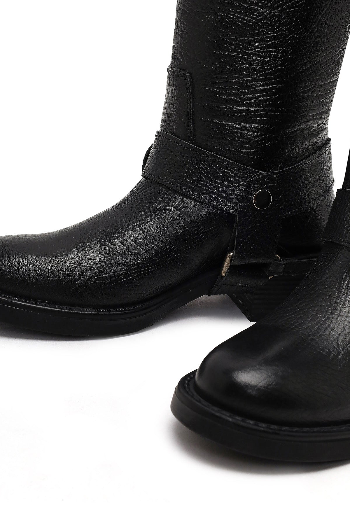 Kadın Siyah Deri Biker Çizme