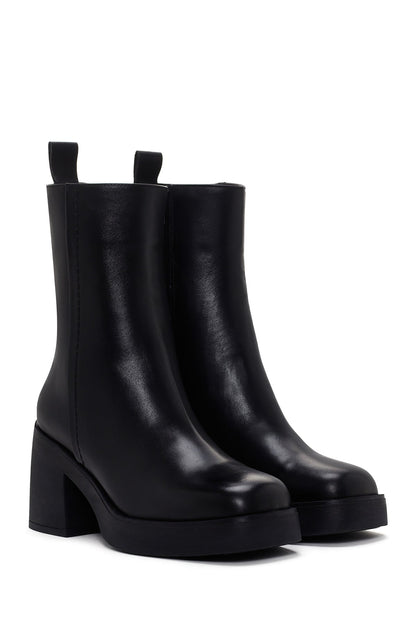 Kadın Siyah Kalın Topuklu Fermuarlı Deri Bot