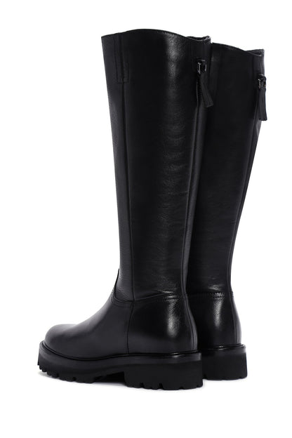 Kadın Siyah Fermuarlı Kalın Tabanlı Deri Çizme