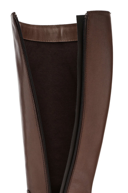Kadın Kahverengi Fermuarlı Kalın Topuklu Deri Çizme