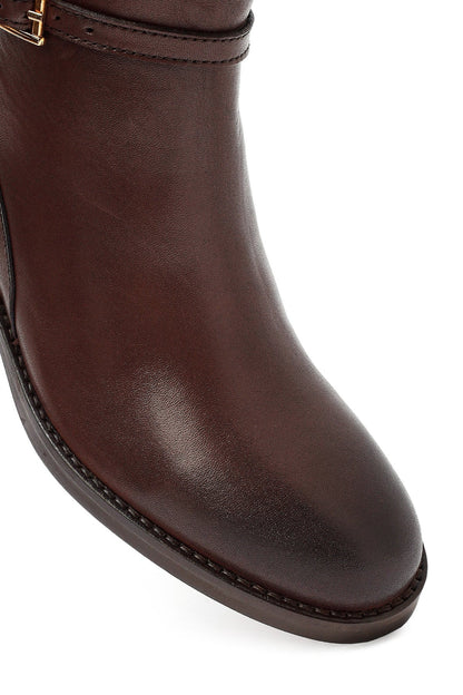 Kadın Kahverengi Fermuarlı Deri Bot