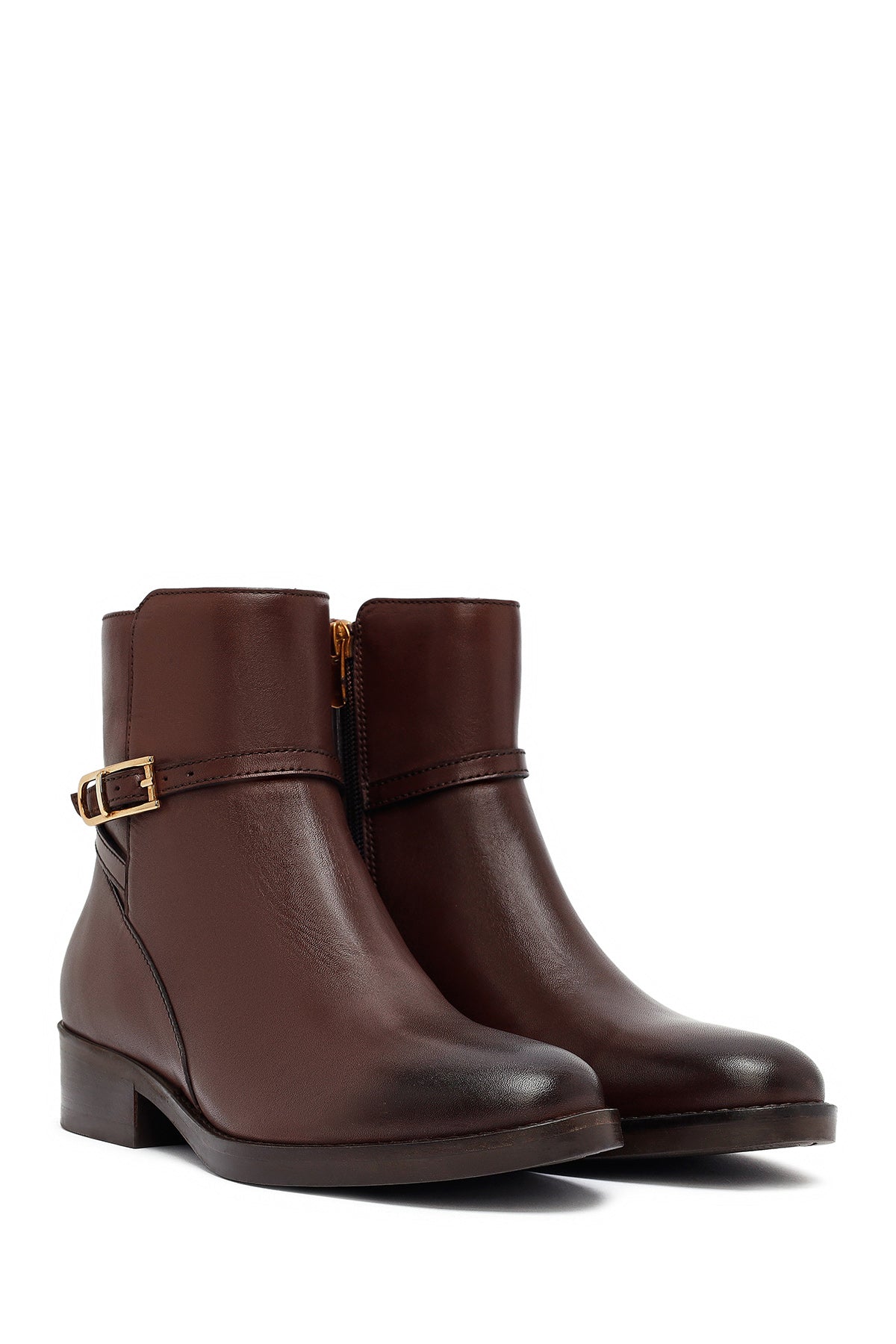 Kadın Kahverengi Fermuarlı Deri Bot