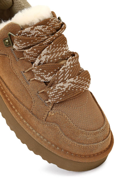 Kadın Camel Bağcıklı Kalın Tabanlı Tüylü Süet Deri Teddy Sneaker