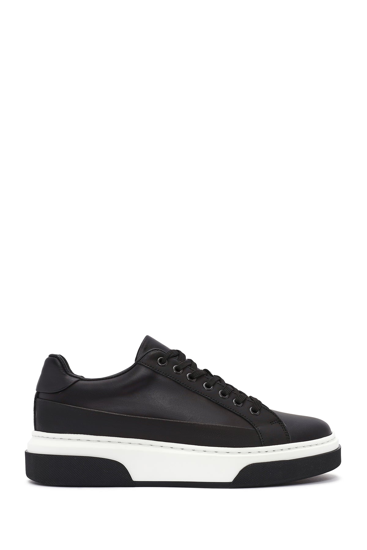 Erkek Siyah Bağcıklı Kalın Tabanlı Deri Sneaker