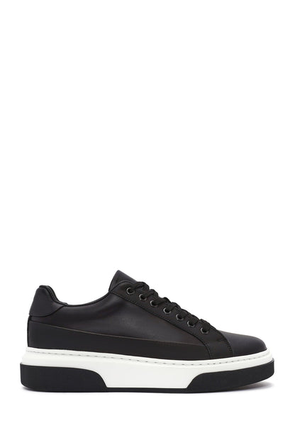 Erkek Siyah Bağcıklı Kalın Tabanlı Deri Sneaker