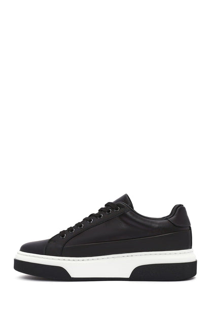 Erkek Siyah Bağcıklı Kalın Tabanlı Deri Sneaker