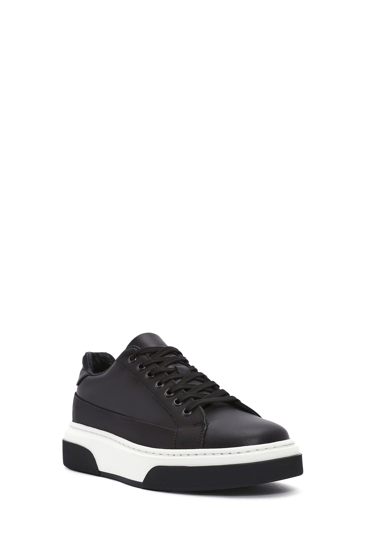 Erkek Siyah Bağcıklı Kalın Tabanlı Deri Sneaker