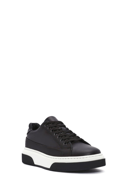 Erkek Siyah Bağcıklı Kalın Tabanlı Deri Sneaker