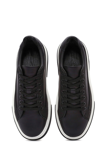 Erkek Siyah Bağcıklı Kalın Tabanlı Deri Sneaker