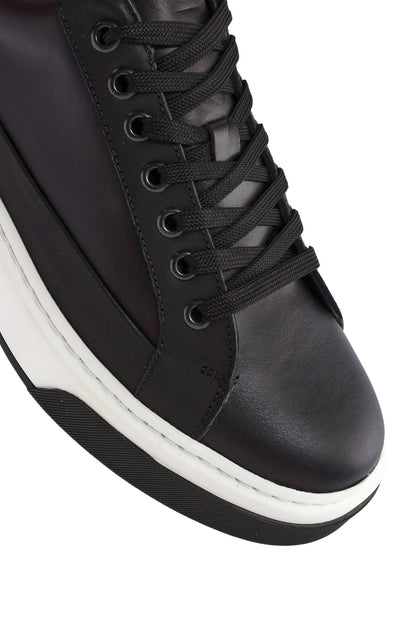 Erkek Siyah Bağcıklı Kalın Tabanlı Deri Sneaker