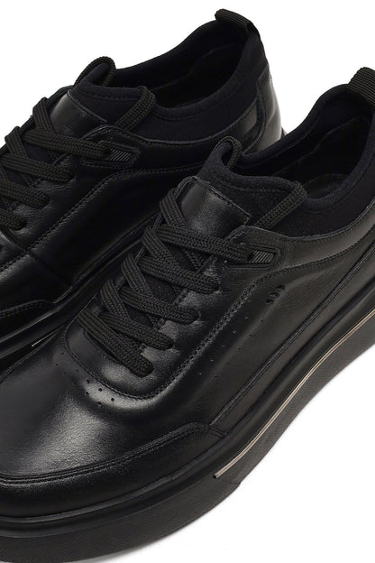 Erkek Siyah Bağcıklı Kalın Tabanlı Deri Sneaker