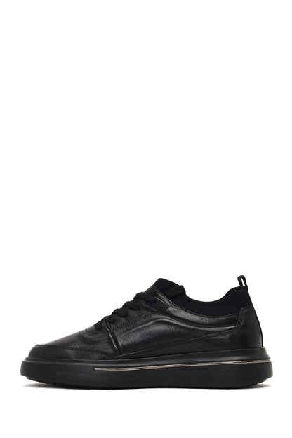 Erkek Siyah Bağcıklı Kalın Tabanlı Deri Sneaker