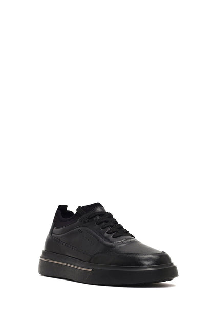 Erkek Siyah Bağcıklı Kalın Tabanlı Deri Sneaker