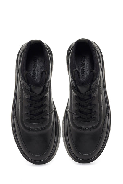 Erkek Siyah Bağcıklı Kalın Tabanlı Deri Sneaker