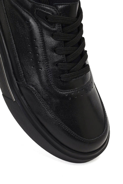 Erkek Siyah Bağcıklı Kalın Tabanlı Deri Sneaker