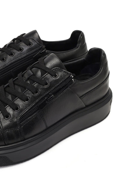 Erkek Siyah Bağcıklı Kalın Tabanlı Deri Sneaker