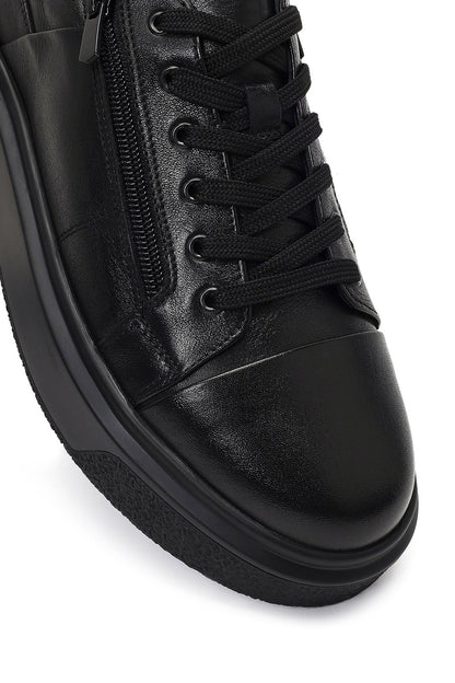 Erkek Siyah Bağcıklı Kalın Tabanlı Deri Sneaker