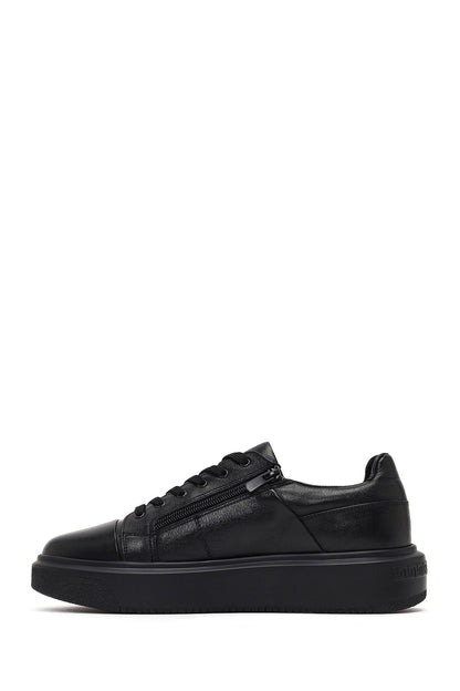 Erkek Siyah Bağcıklı Kalın Tabanlı Deri Sneaker
