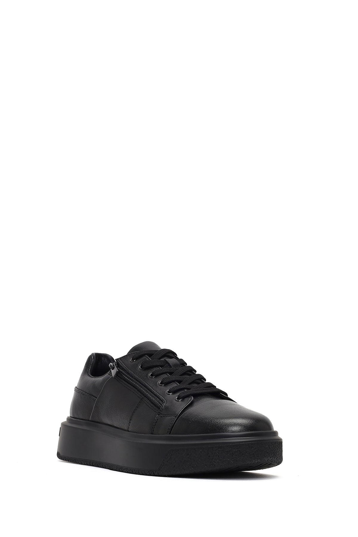 Erkek Siyah Bağcıklı Kalın Tabanlı Deri Sneaker