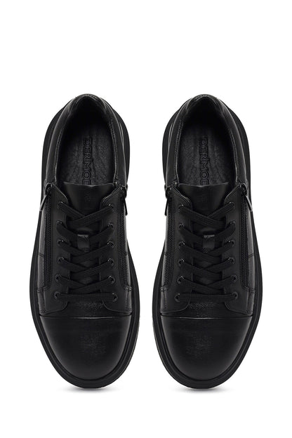 Erkek Siyah Bağcıklı Kalın Tabanlı Deri Sneaker