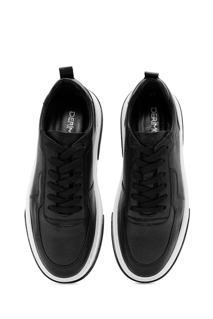 Erkek Siyah Bağcıklı Kalın Tabanlı Deri Sneaker