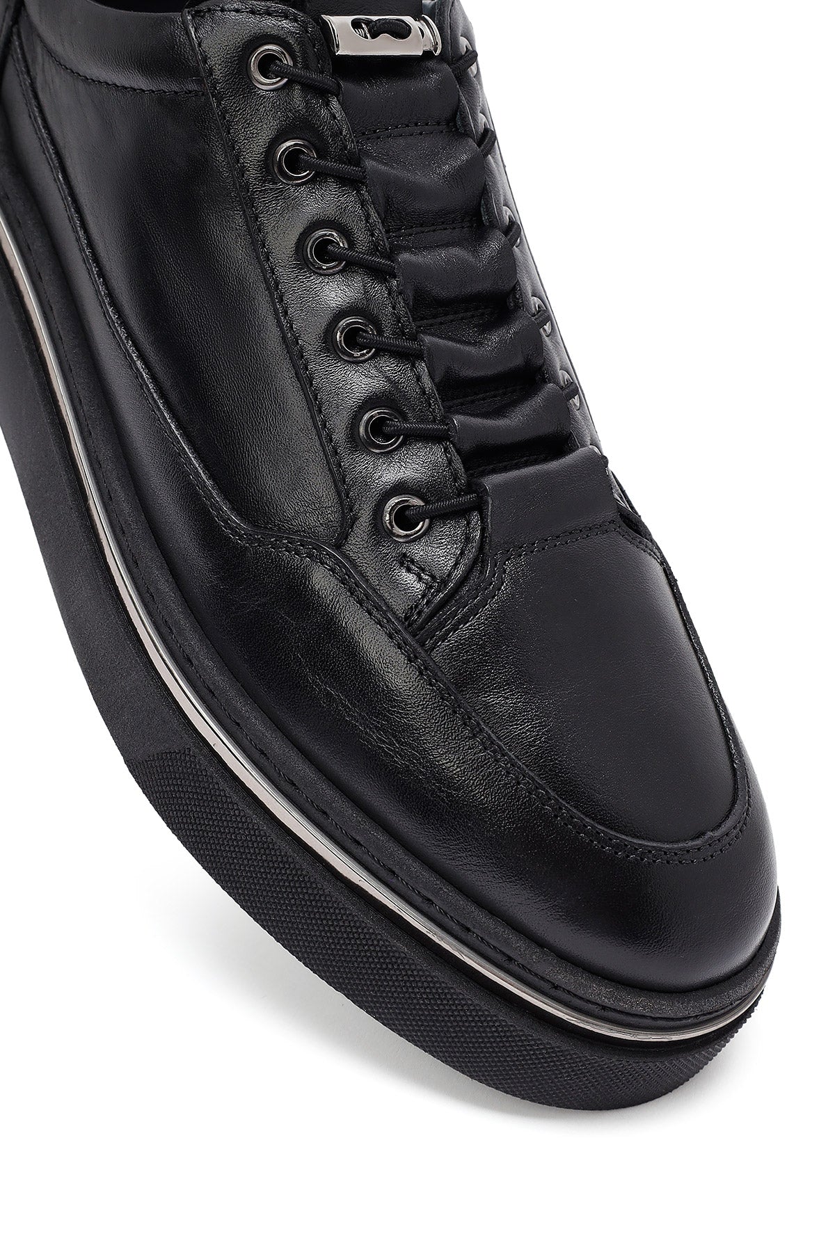 Erkek Siyah Bağcıklı Deri Sneaker