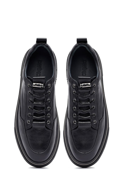 Erkek Siyah Bağcıklı Deri Sneaker