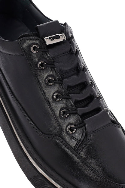 Erkek Siyah Bağcıklı Deri Sneaker