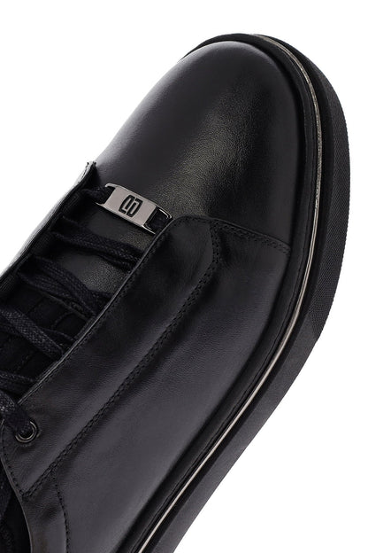 Erkek Siyah Bağcıklı Kalın Tabanlı Deri Sneaker