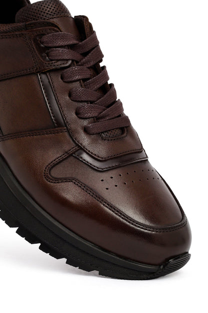 Erkek Kahverengi Bağcıklı Deri Casual Sneaker