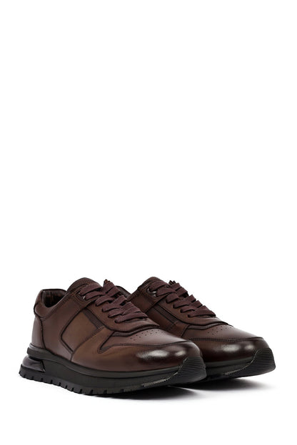 Erkek Kahverengi Bağcıklı Deri Casual Sneaker
