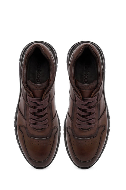 Erkek Kahverengi Bağcıklı Deri Casual Sneaker