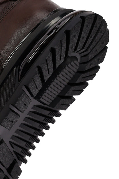 Erkek Kahverengi Bağcıklı Deri Casual Sneaker