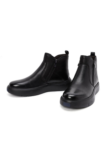 Erkek Siyah Fermuarlı Kalın Tabanlı Deri Bot