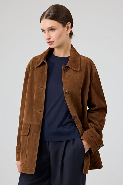 Petra Kadın Kahverengi Gömlek Yaka Oversize Süet Deri Ceket