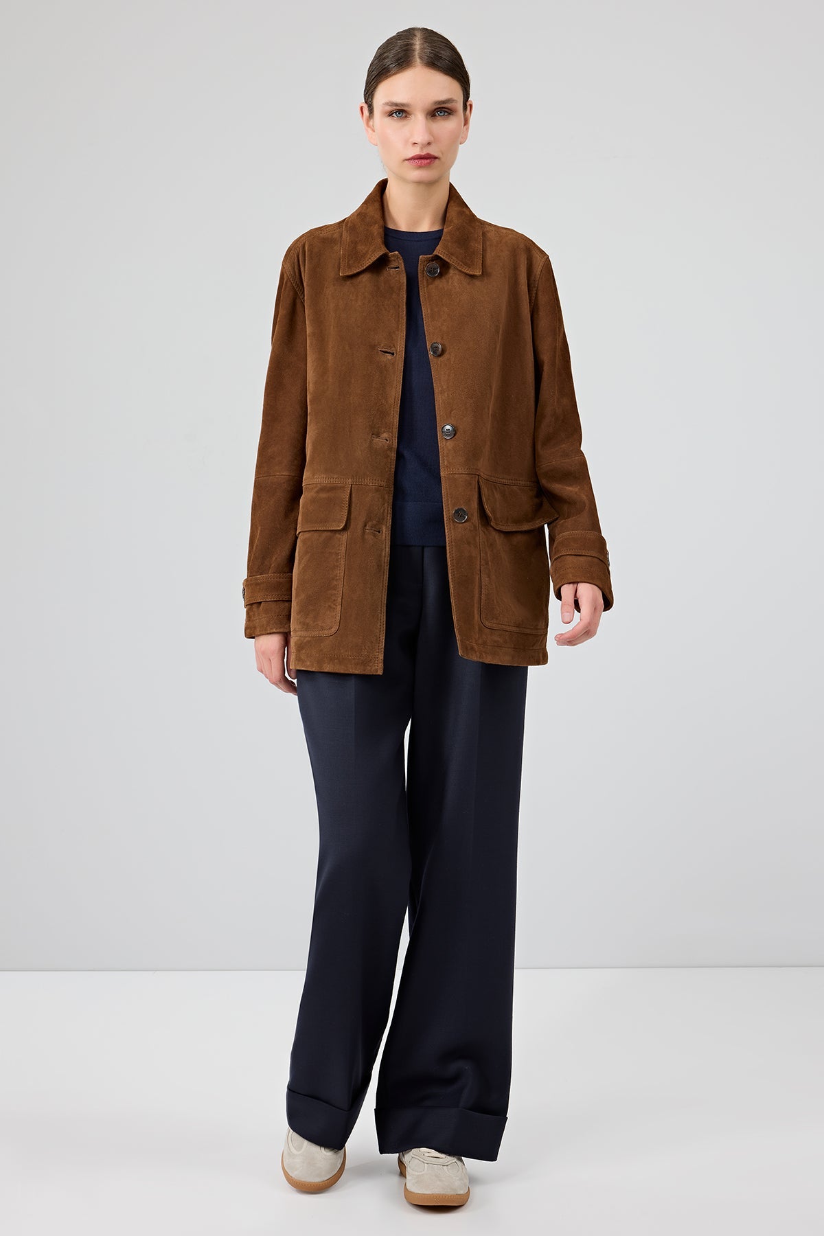 Petra Kadın Kahverengi Gömlek Yaka Oversize Süet Deri Ceket