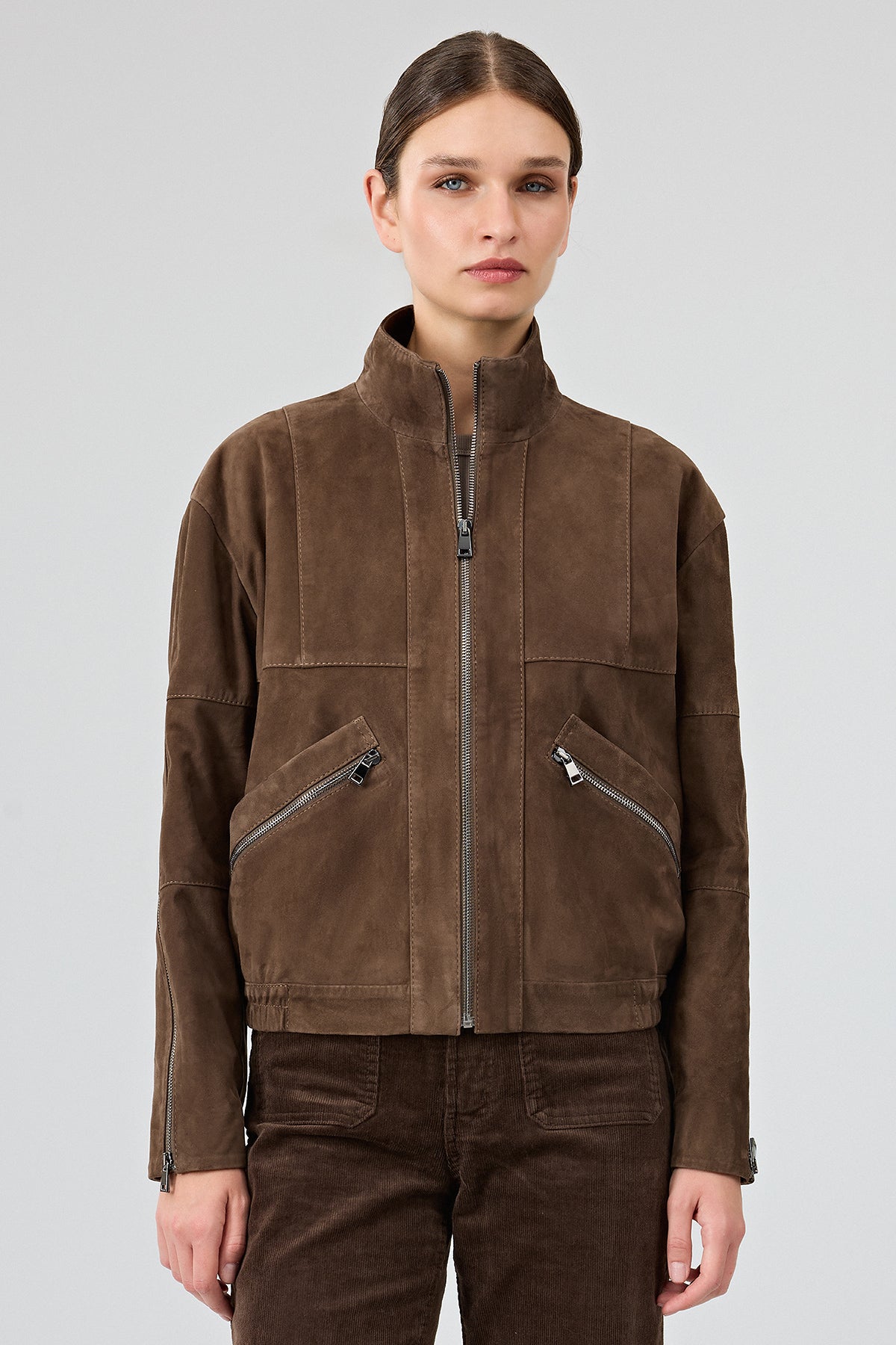 Gina Kadın Kahverengi Hakim Yaka Oversize Kısa Süet Deri Ceket